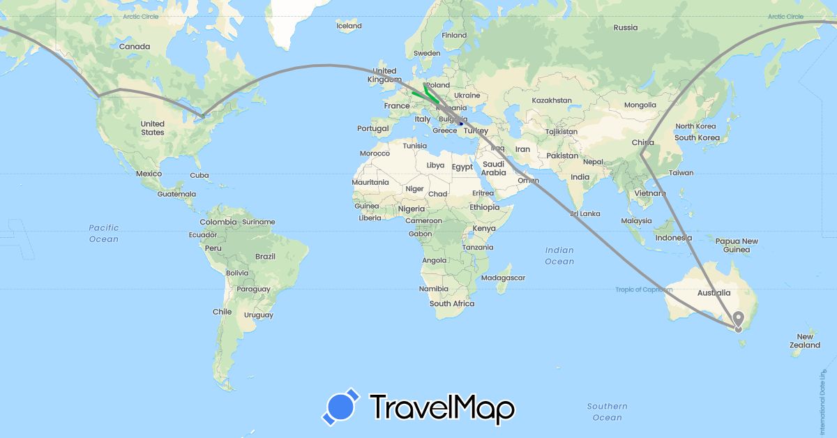 TravelMap itinerary: driving, bus, plane in Austria, Australia, Canada, China, Czech Republic, Germany, Hungary, Qatar, Turkey (Asia, Europe, North America, Oceania)
